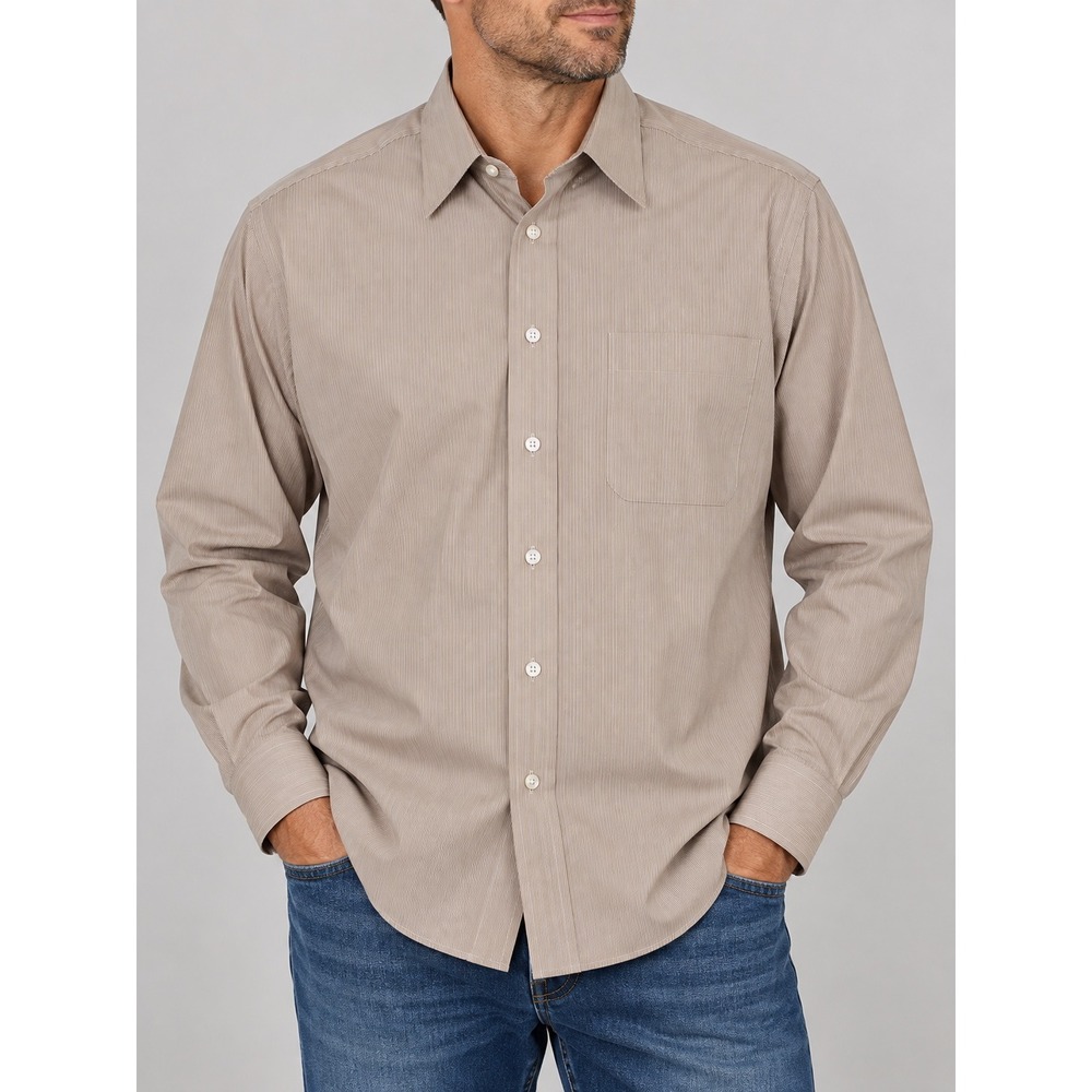 Stafford Performance The Super Shirt Men 15.5 Neck Tan Stripe Classic Fit Medium